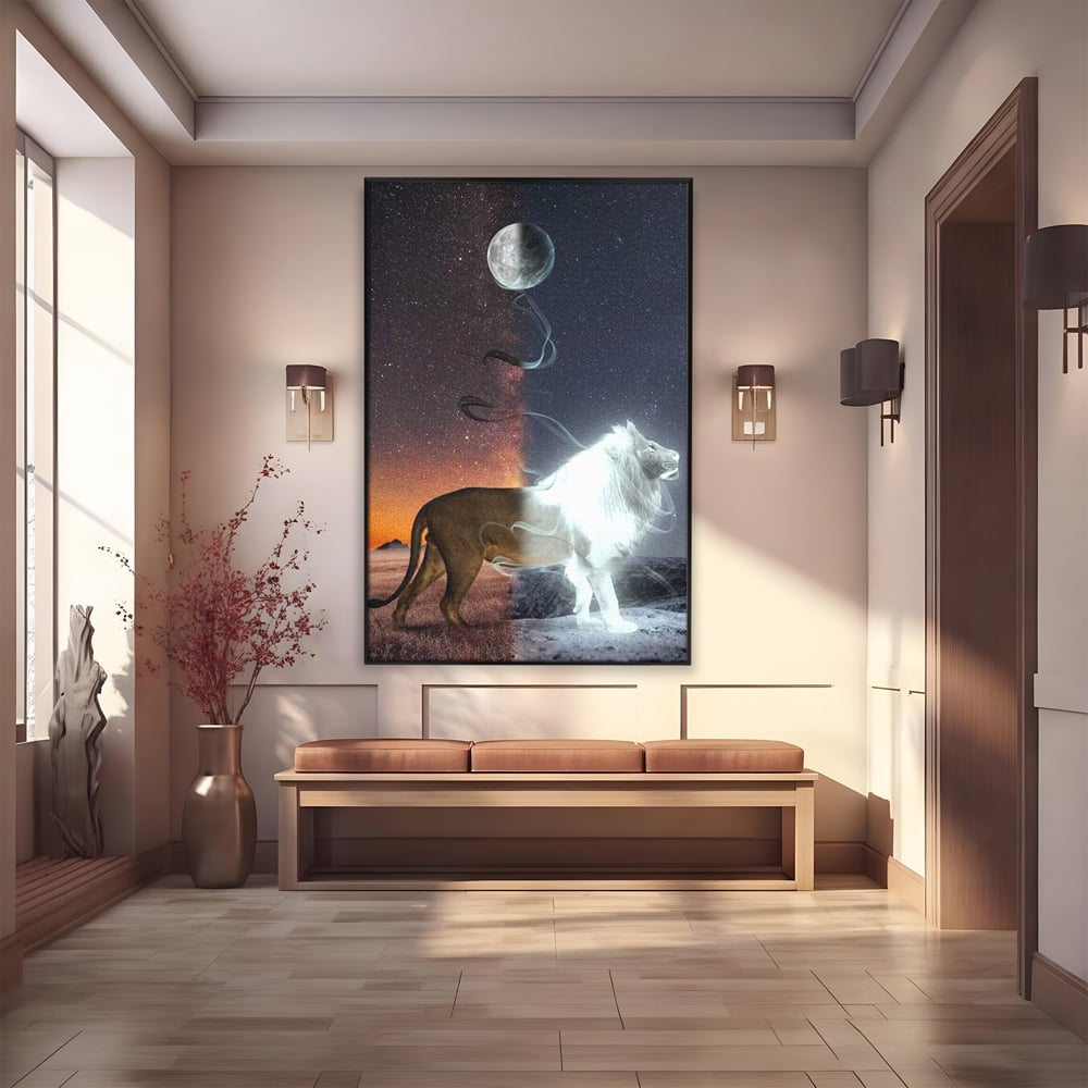 Tablou canvas cu tablou canvas cu leu si luna, in rama de aluminiu negru