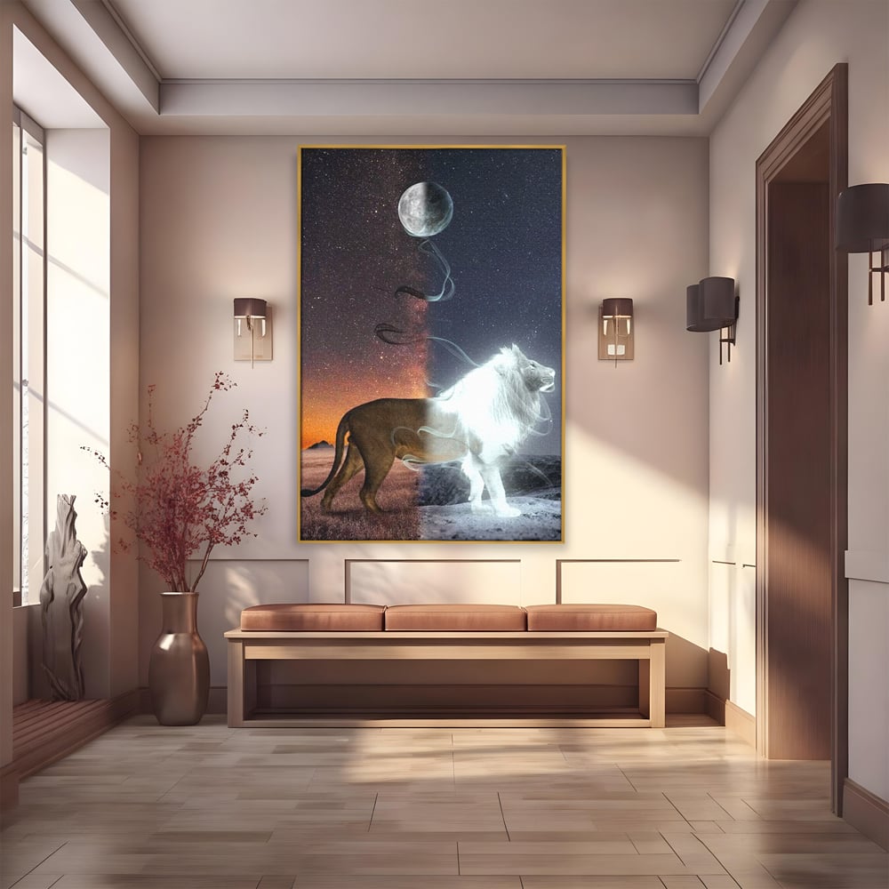 Tablou canvas cu tablou canvas cu leu si luna, in rama de aluminiu auriu