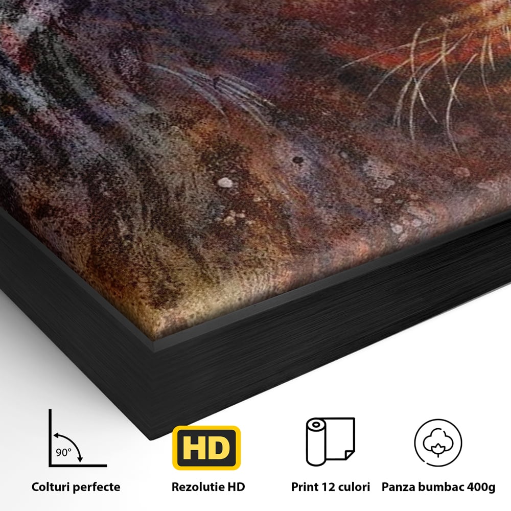 Detaliu al suprafetei: tablou canvas cu leu in nuante cosmice, in rama de aluminiu negru