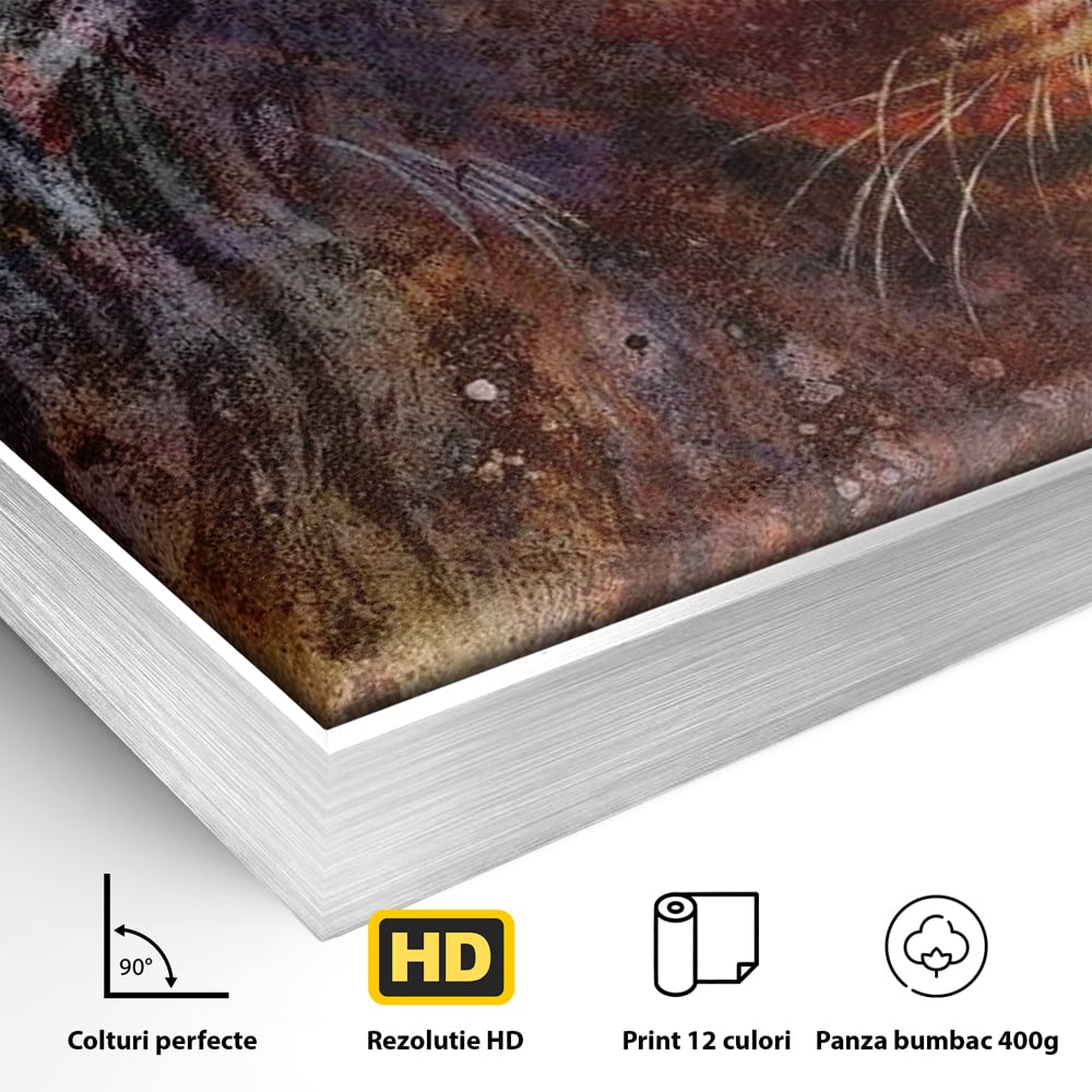 Detaliu al suprafetei: tablou canvas cu leu in nuante cosmice, in rama de aluminiu argintiu