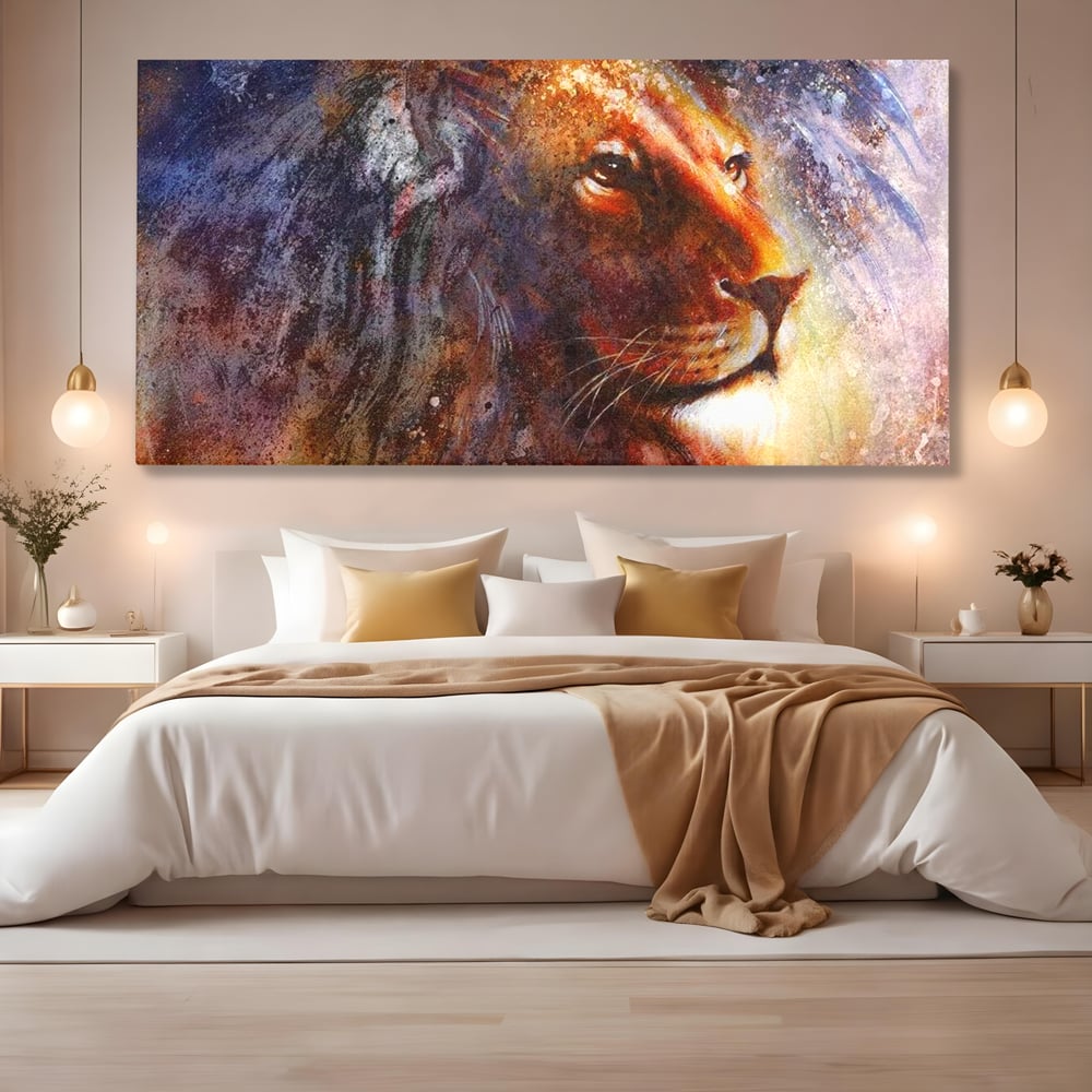 Tablou canvas cu tablou canvas cu leu in nuante cosmice, fara rama, pe sasiu de lemn, pe perete intr-un dormitor