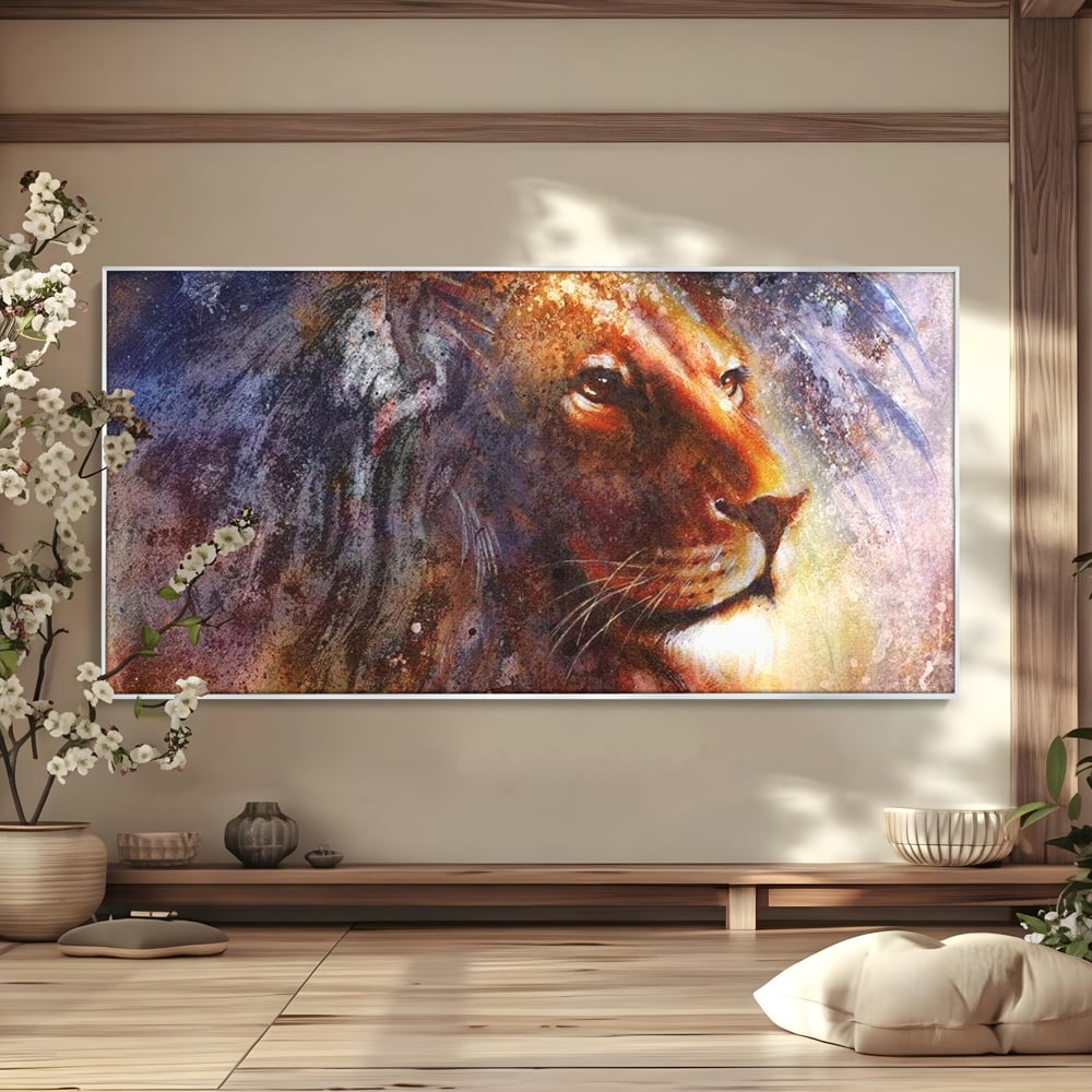 Tablou canvas cu tablou canvas cu leu in nuante cosmice, in rama de aluminiu argintiu