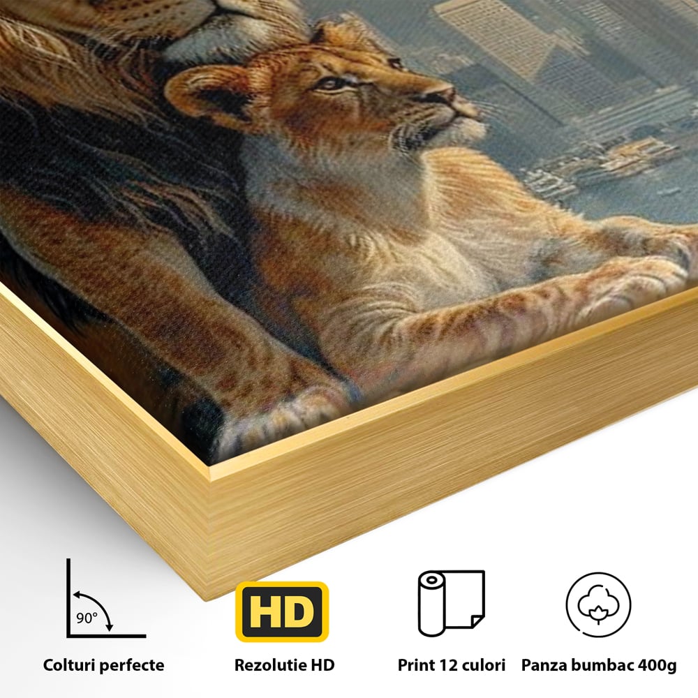 Detaliu al suprafetei: tablou canvas cu lei pe stanca si oras, in rama de aluminiu auriu