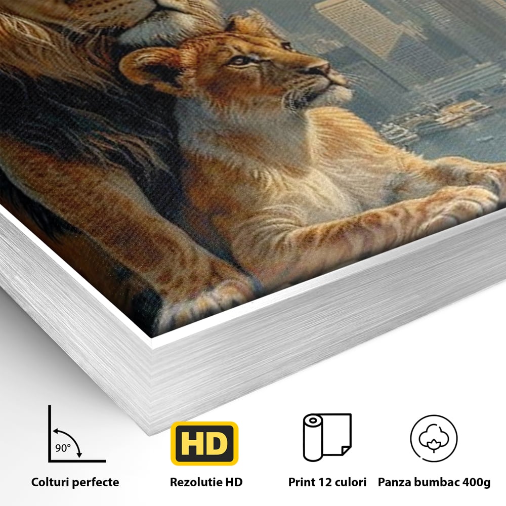 Detaliu al suprafetei: tablou canvas cu lei pe stanca si oras, in rama de aluminiu argintiu