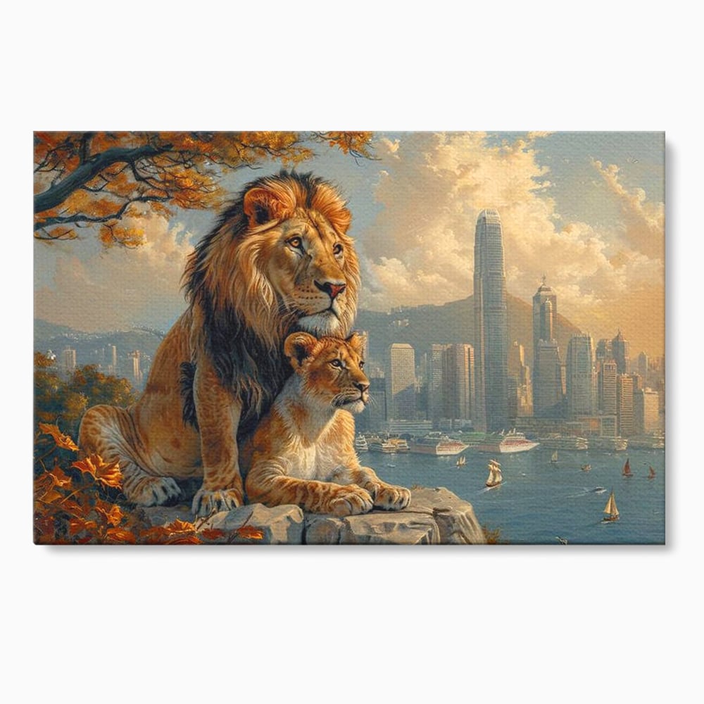 Tablou canvas cu tablou canvas cu lei pe stanca si oras, fara rama, pe sasiu de lemn
