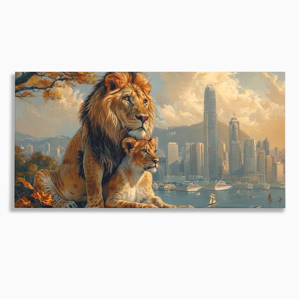 Tablou canvas cu tablou canvas cu lei pe stanca si oras, fara rama, pe sasiu de lemn