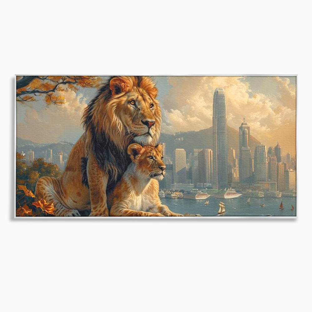 Tablou canvas cu tablou canvas cu lei pe stanca si oras, in rama de aluminiu argintiu
