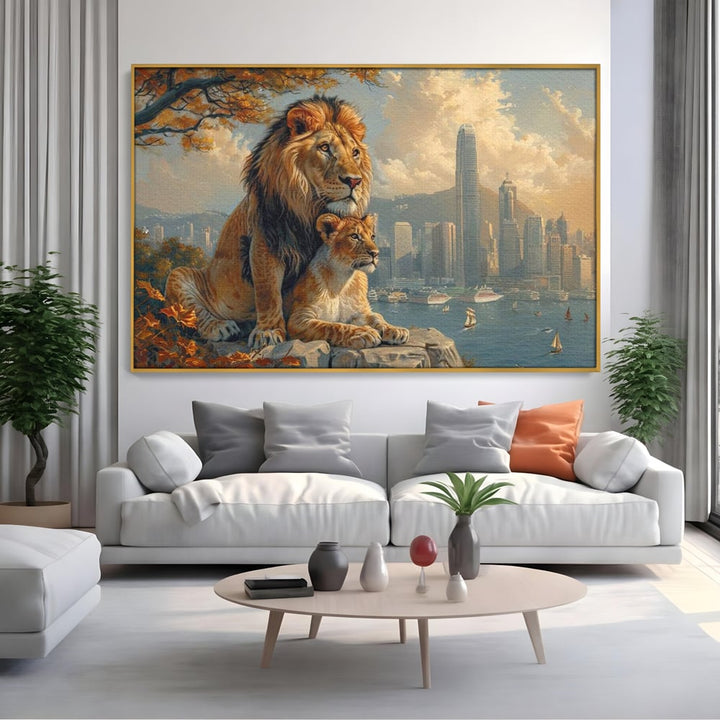 Tablou canvas cu tablou canvas cu lei pe stanca si oras, in rama de aluminiu auriu, pe perete intr-un living