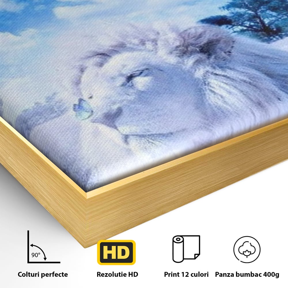 Detaliu al suprafetei: tablou canvas cu leu si planete, in rama de aluminiu auriu