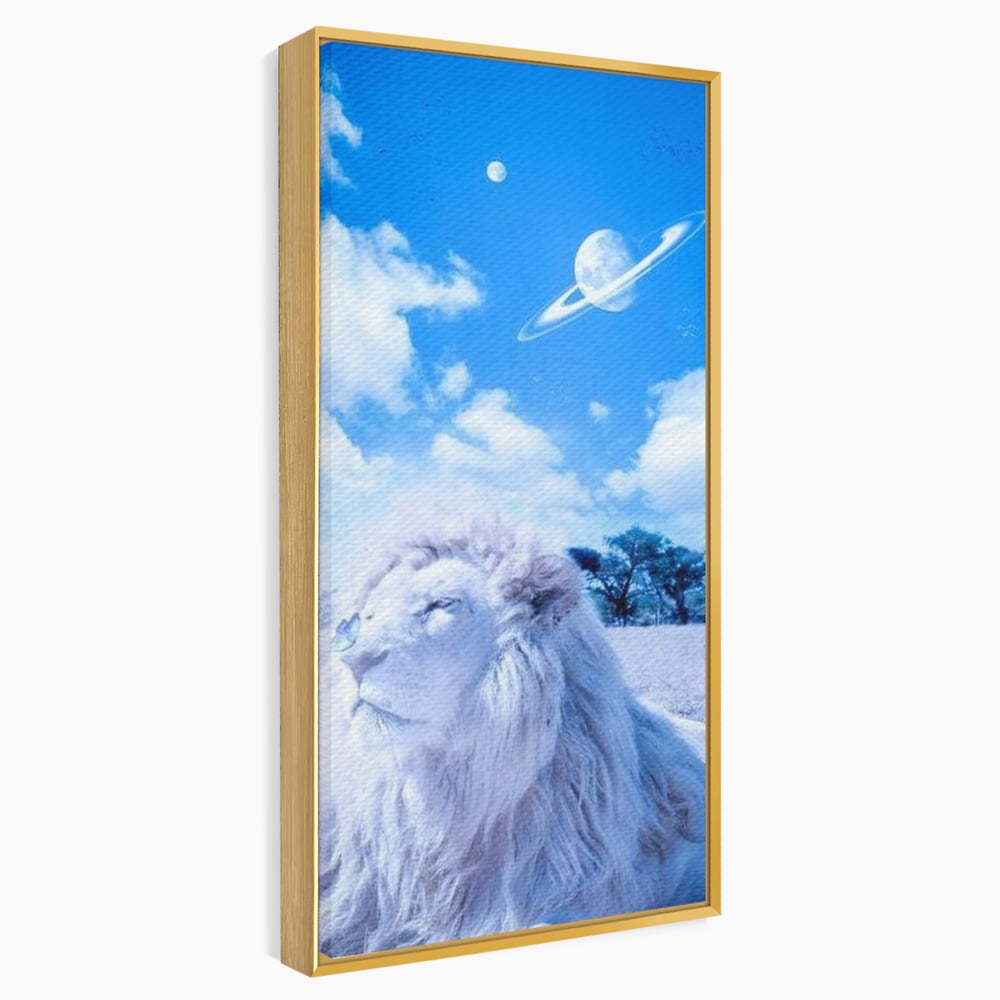 Tablou canvas cu tablou canvas cu leu si planete, in rama de aluminiu auriu