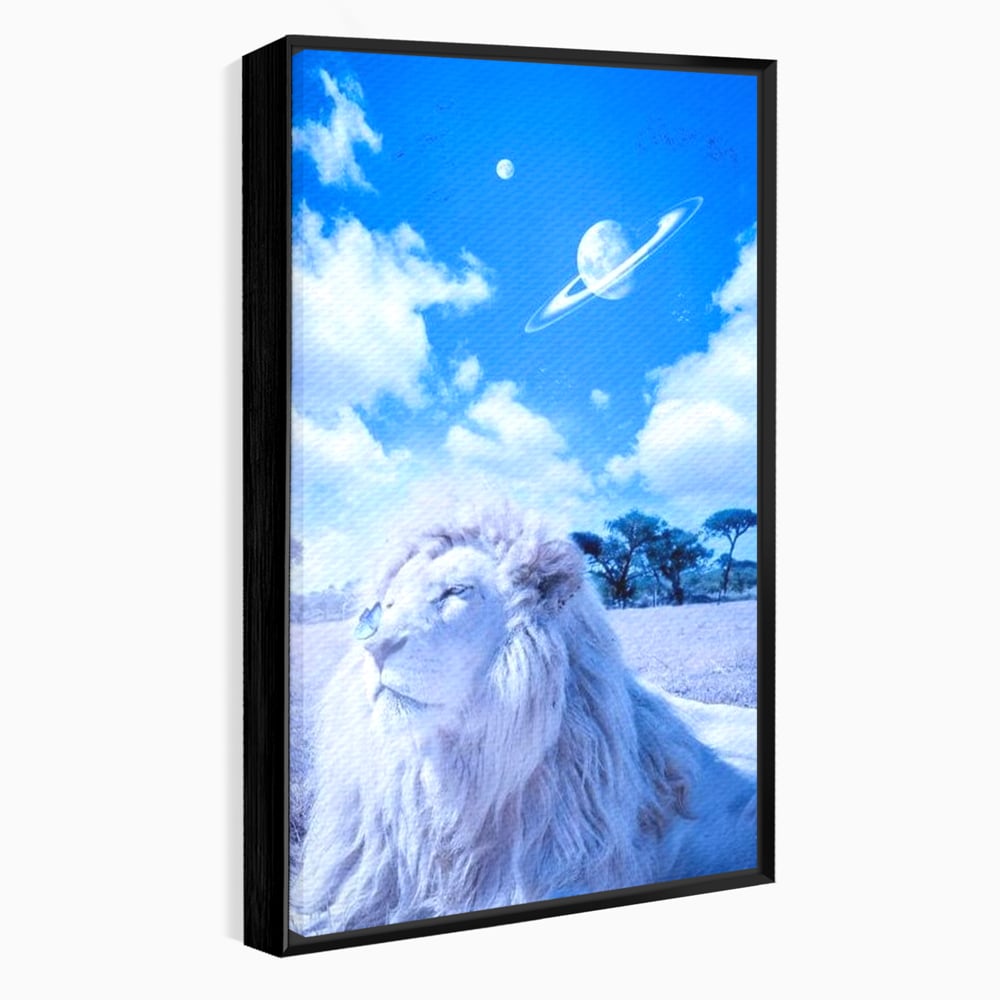 Tablou canvas cu tablou canvas cu leu si planete, in rama de aluminiu negru