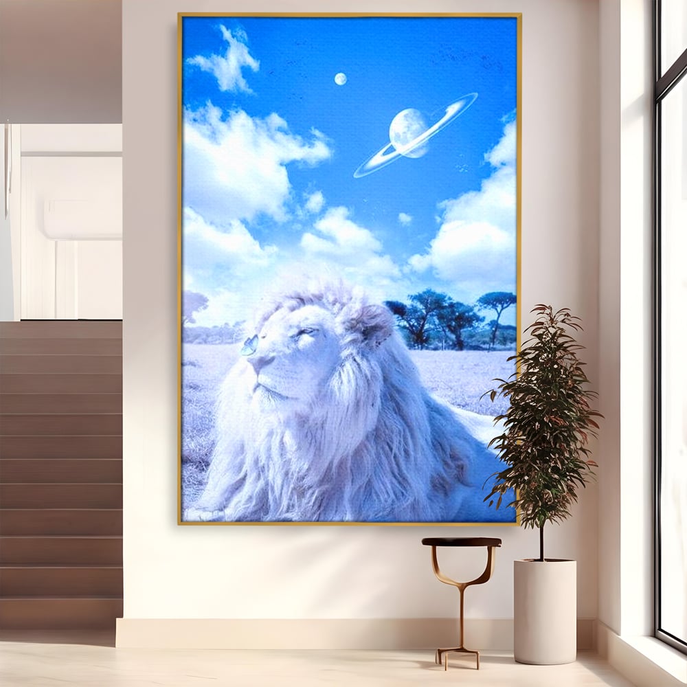 Tablou canvas cu tablou canvas cu leu si planete, in rama de aluminiu auriu