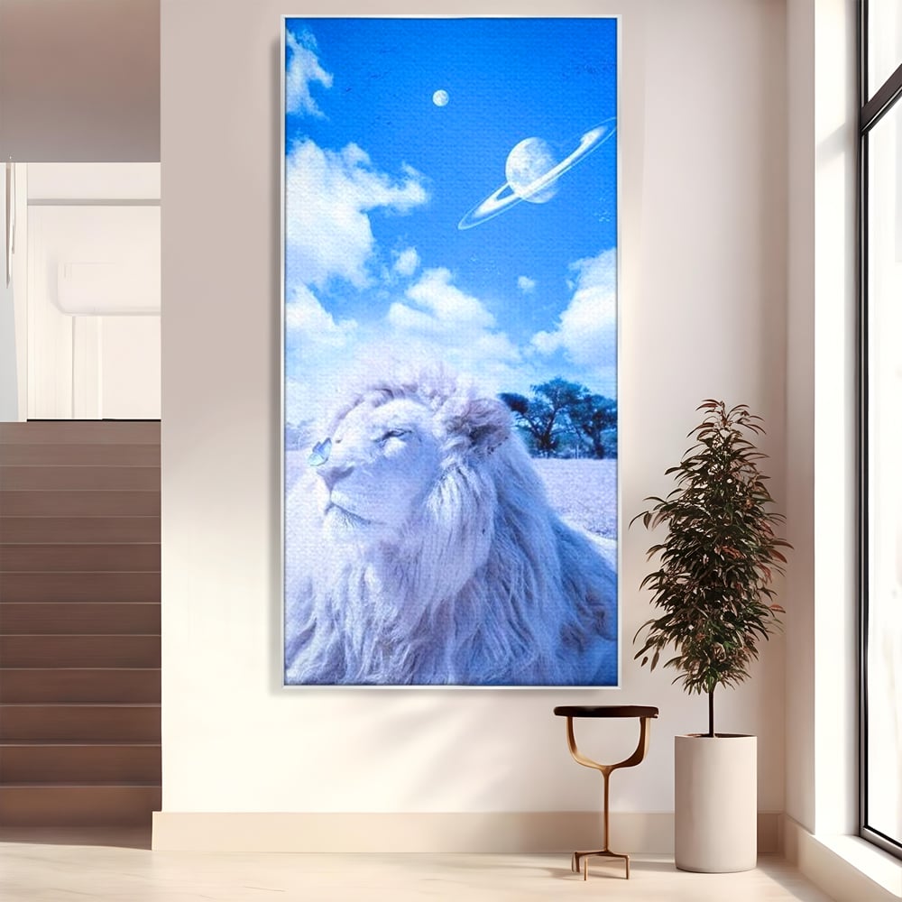 Tablou canvas cu tablou canvas cu leu si planete, in rama de aluminiu argintiu