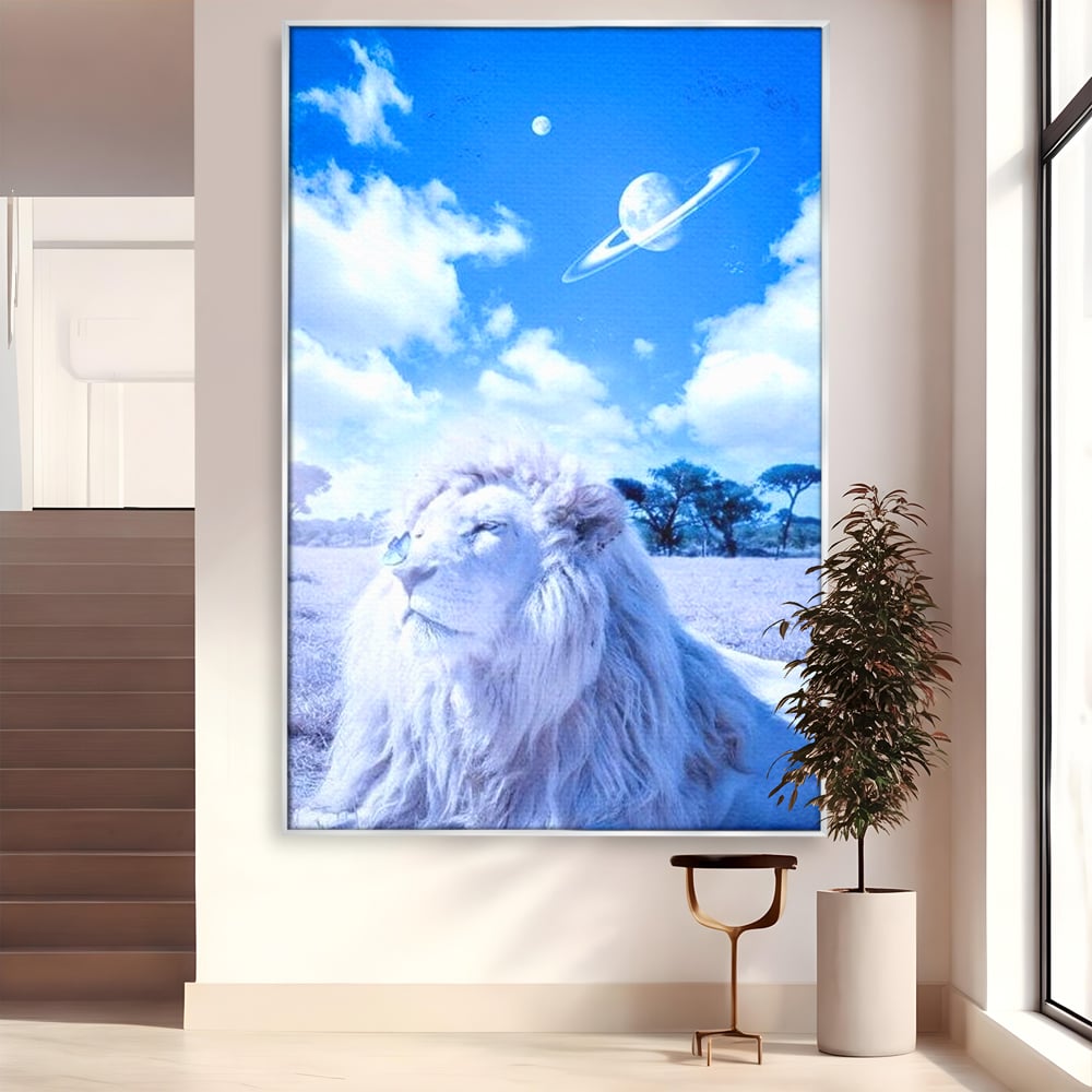 Tablou canvas cu tablou canvas cu leu si planete, in rama de aluminiu argintiu