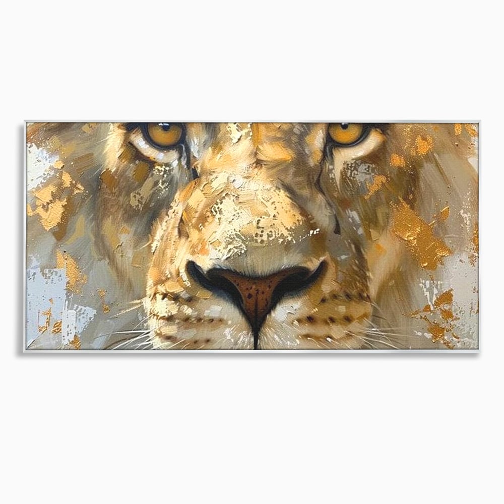 Tablou canvas cu tablou canvas cu prim-plan de leu, in rama de aluminiu argintiu