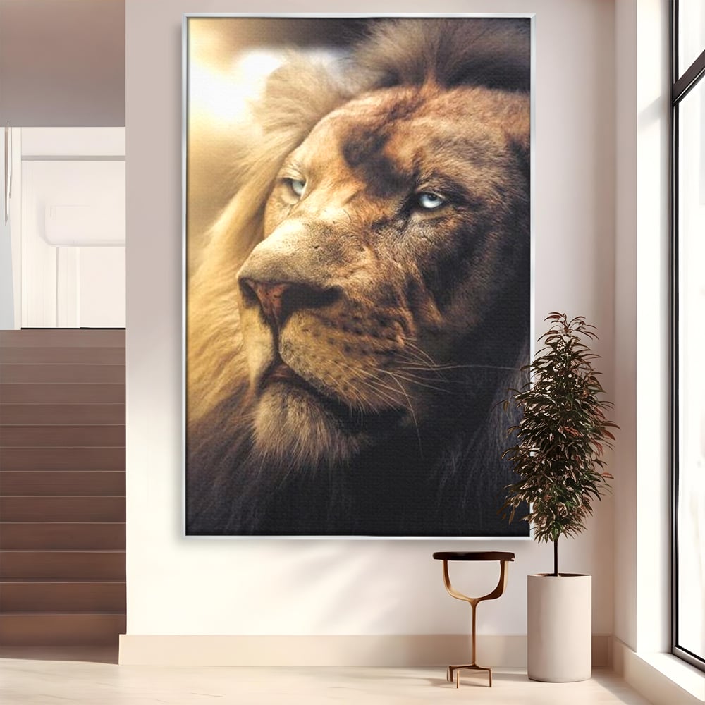 Tablou canvas cu tablou canvas cu chip de leu, in rama de aluminiu argintiu