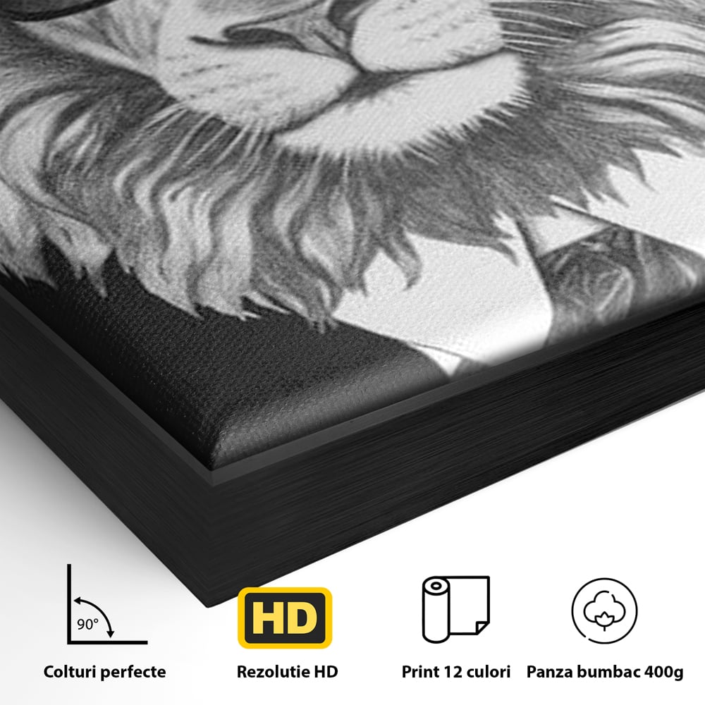 Detaliu al suprafetei: tablou canvas cu leu in costum si ochelari, in rama de aluminiu negru