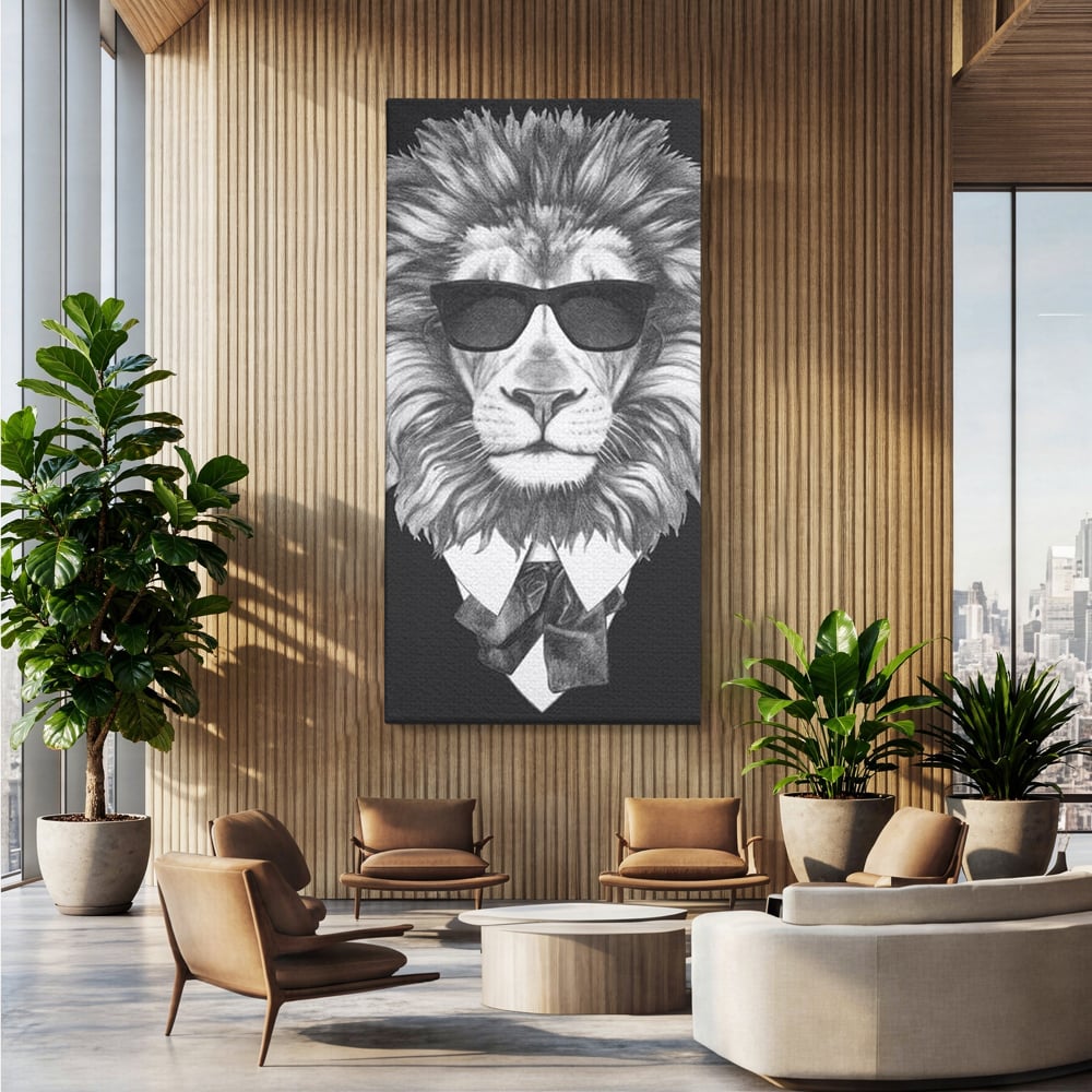 Tablou canvas cu tablou canvas cu leu in costum si ochelari, fara rama, pe sasiu de lemn, pe perete intr-un birou