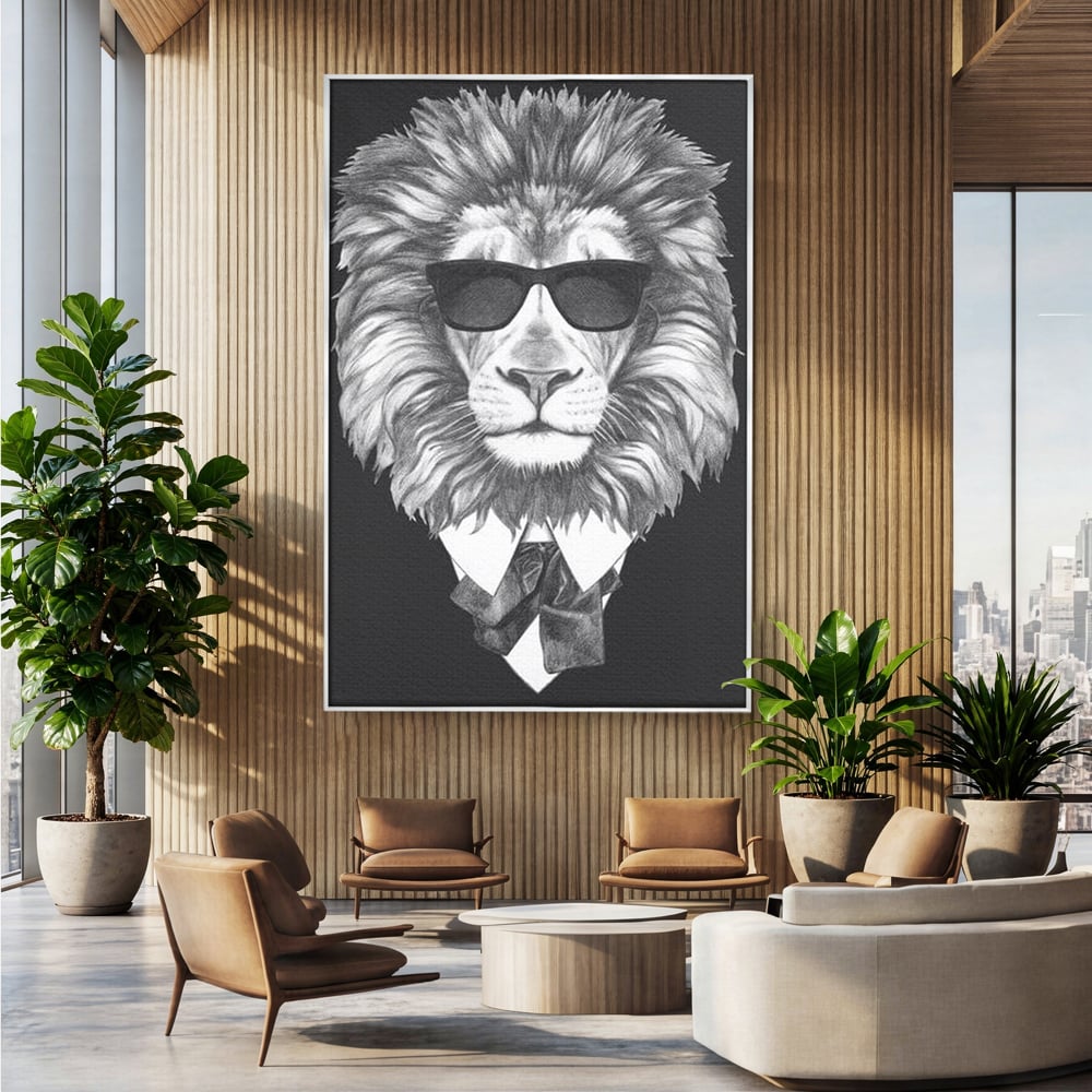 Tablou canvas cu tablou canvas cu leu in costum si ochelari, in rama de aluminiu argintiu, pe perete intr-un birou