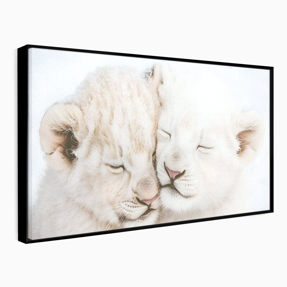 Tablou canvas cu doi pui de leu dormind imbratisati, in rama de aluminiu negru