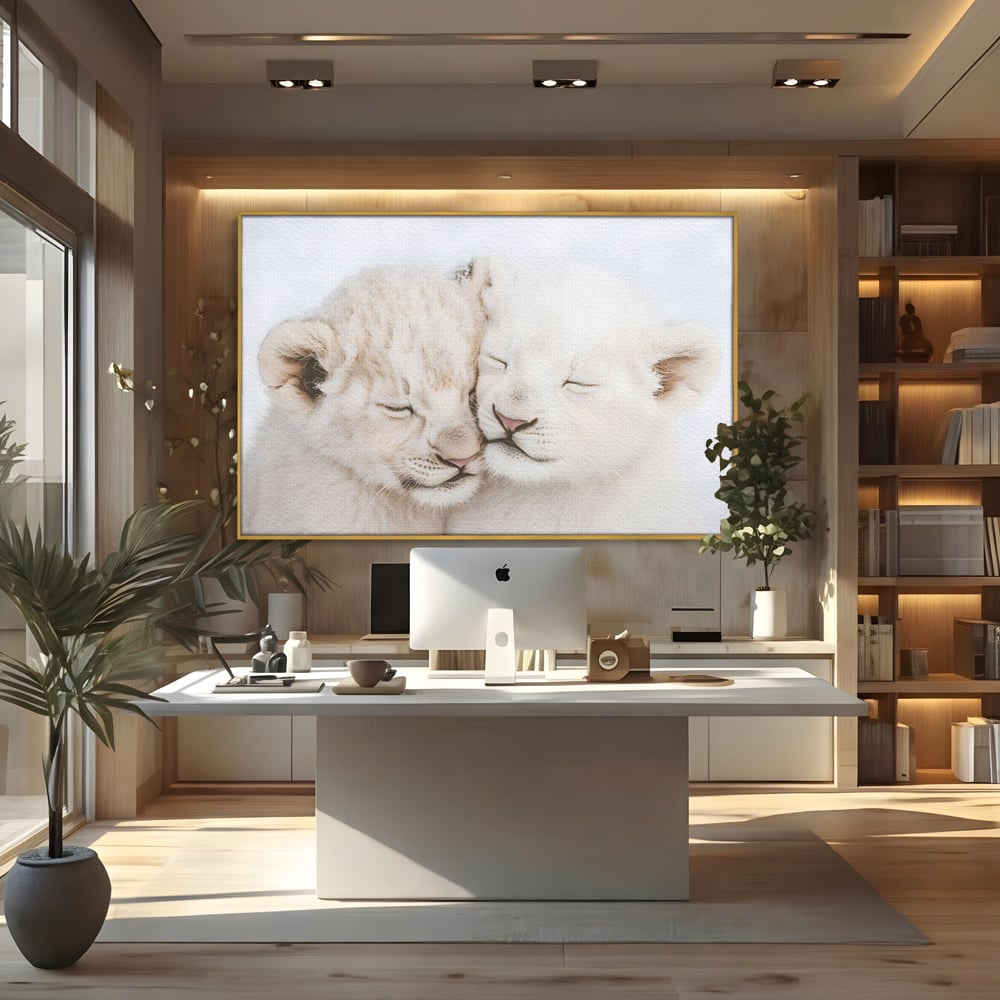 Tablou canvas cu doi pui de leu dormind imbratisati, in rama de aluminiu auriu, pe perete intr-un birou