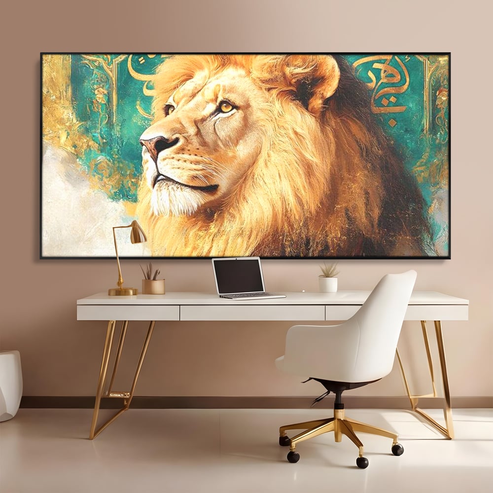 Tablou canvas cu tablou canvas cu leu si scriere, in rama de aluminiu negru, pe perete intr-un birou