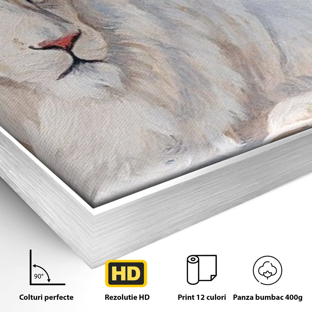 Detaliu al suprafetei: pictura cu leu alb culcat pe fundal galben, in rama de aluminiu argintiu