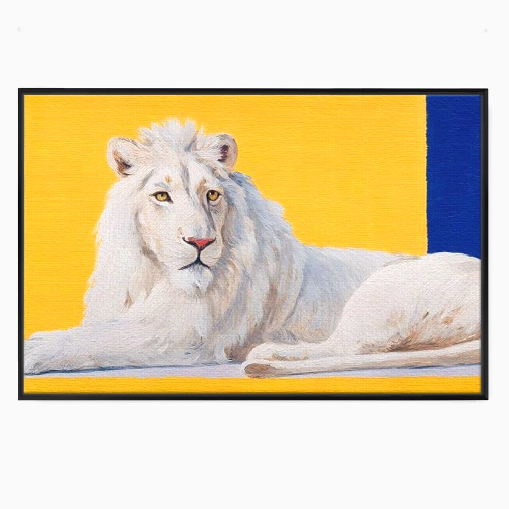Tablou canvas cu pictura cu leu alb culcat pe fundal galben, in rama de aluminiu negru