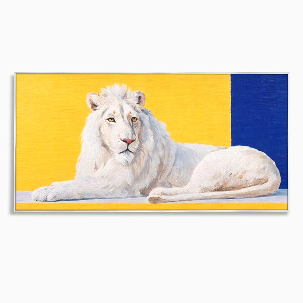 Tablou canvas cu pictura cu leu alb culcat pe fundal galben, in rama de aluminiu argintiu