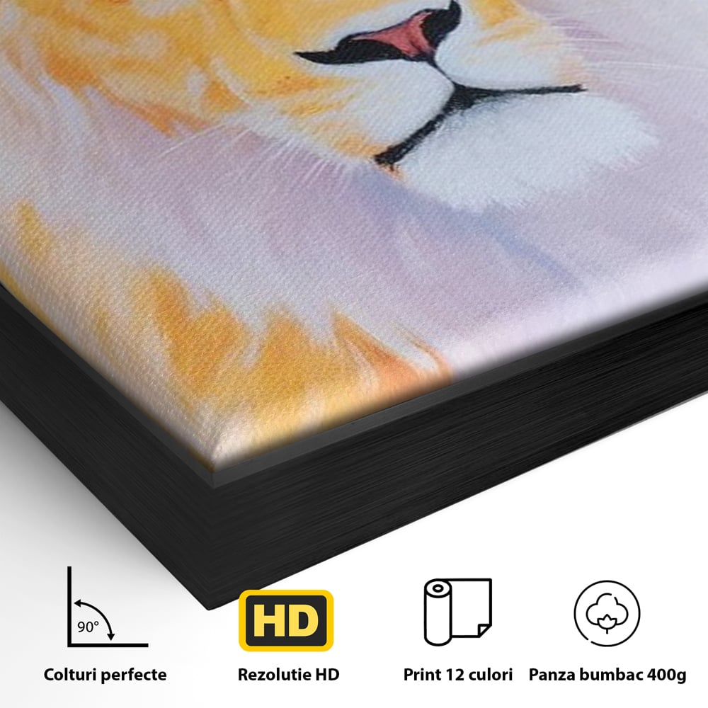 Detaliu al suprafetei: tablou canvas cu pictura de leu, in rama de aluminiu negru