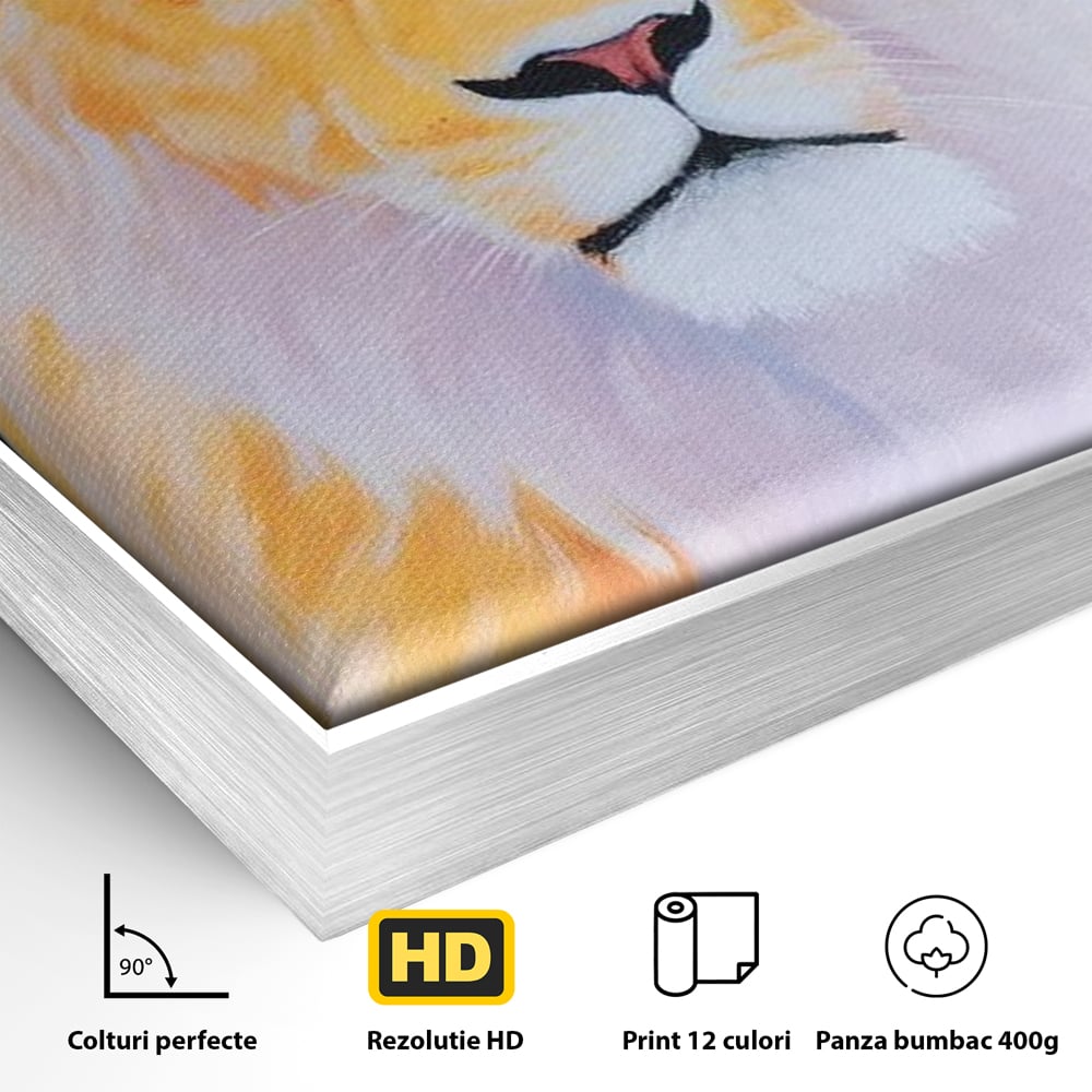 Detaliu al suprafetei: tablou canvas cu pictura de leu, in rama de aluminiu argintiu