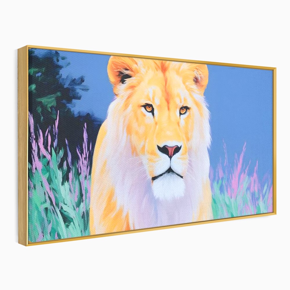 Tablou canvas cu tablou canvas cu pictura de leu, in rama de aluminiu auriu