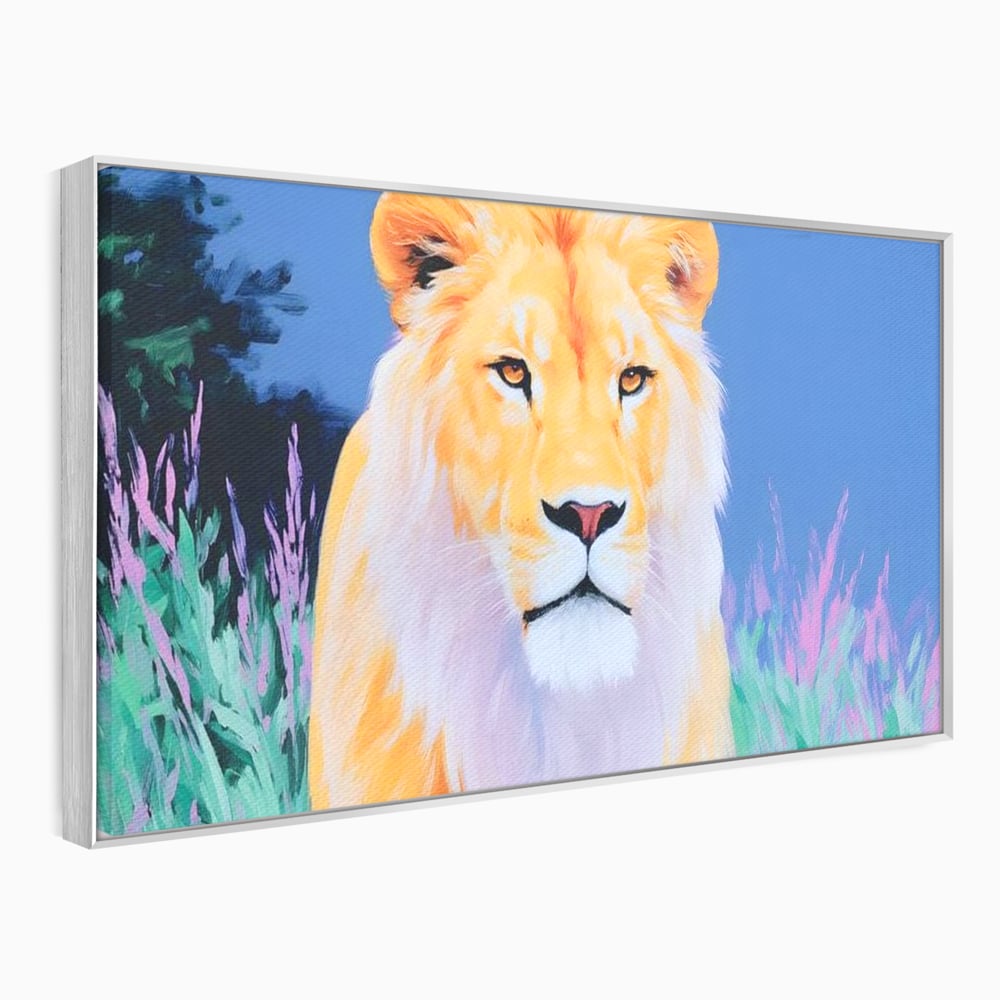 Tablou canvas cu tablou canvas cu pictura de leu, in rama de aluminiu argintiu