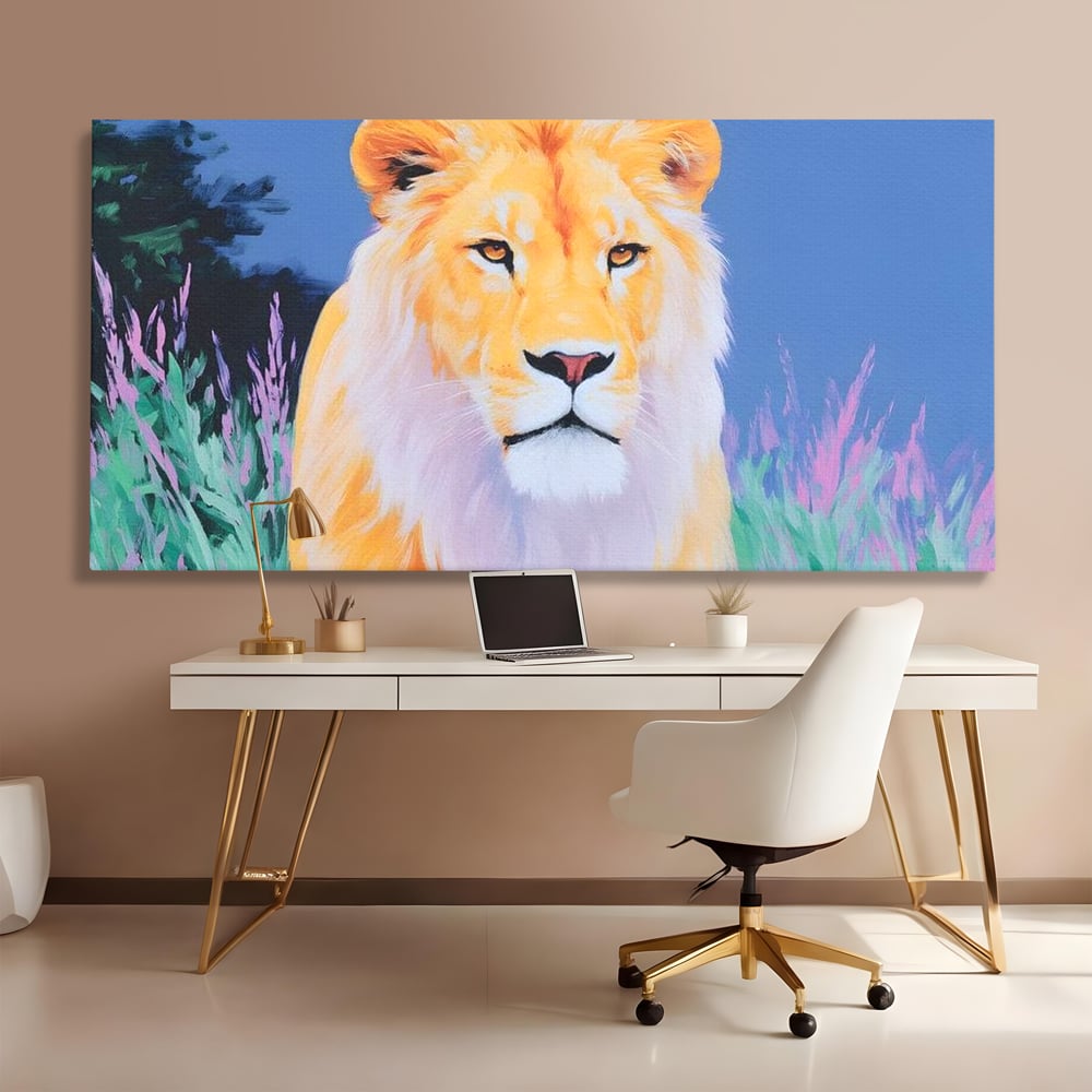 Tablou canvas cu tablou canvas cu pictura de leu, fara rama, pe sasiu de lemn, pe perete intr-un birou