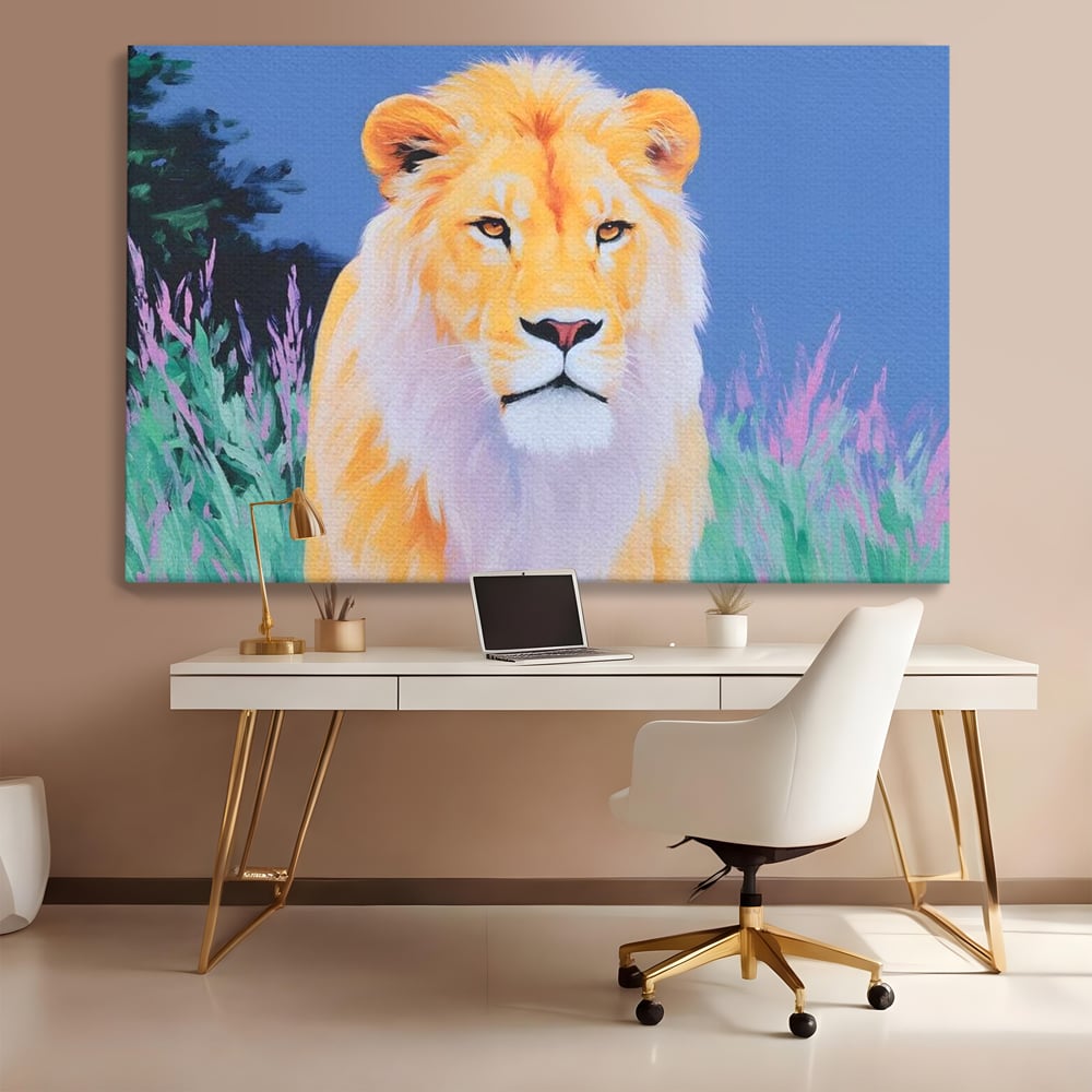 Tablou canvas cu tablou canvas cu pictura de leu, fara rama, pe sasiu de lemn, pe perete intr-un birou