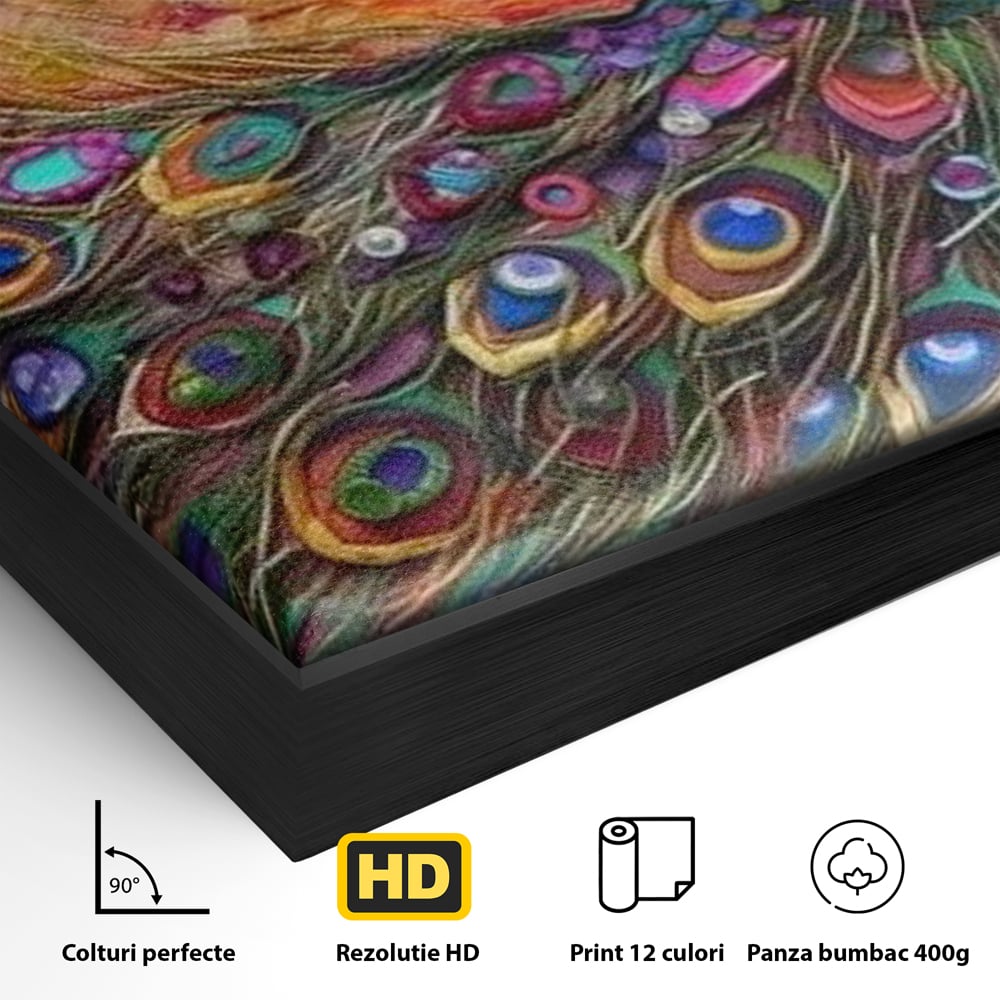 Detaliu al suprafetei: tablou canvas cu paun colorat, in rama de aluminiu negru