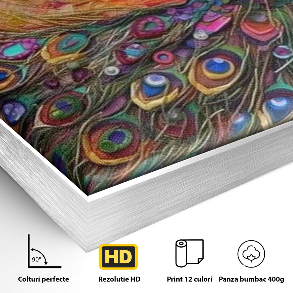 Detaliu al suprafetei: tablou canvas cu paun colorat, in rama de aluminiu argintiu