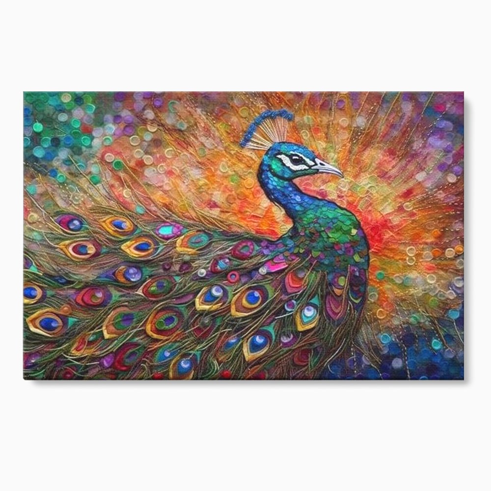 Tablou canvas cu tablou canvas cu paun colorat, fara rama, pe sasiu de lemn