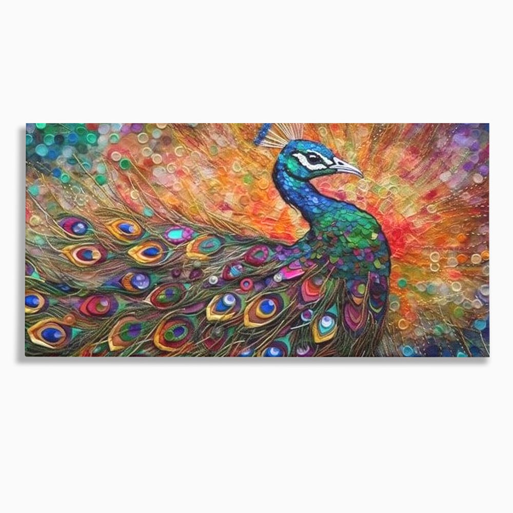 Tablou canvas cu tablou canvas cu paun colorat, fara rama, pe sasiu de lemn