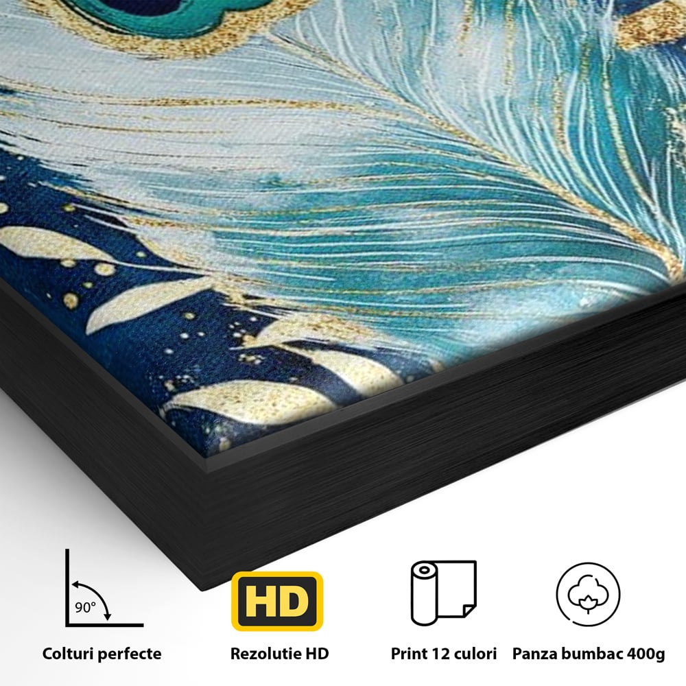 Detaliu al suprafetei: tablou canvas cu pana de paun, in rama de aluminiu negru