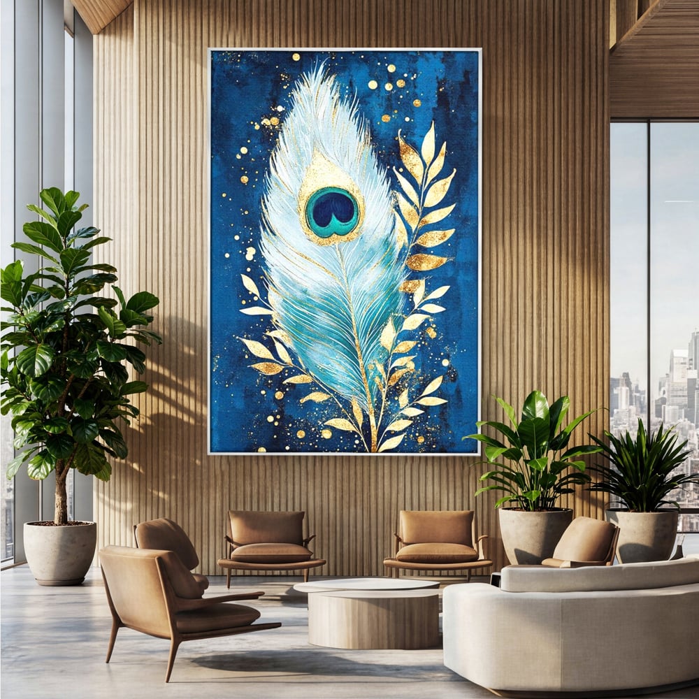 Tablou Canvas cu Pana de Paun, Albastru Intens si Auriu, M1402