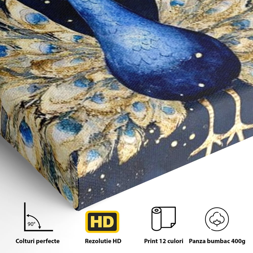 Tablou Canvas cu Paun Albastru pe Fundal Nocturn, Albastru Intens si Auriu, M1403