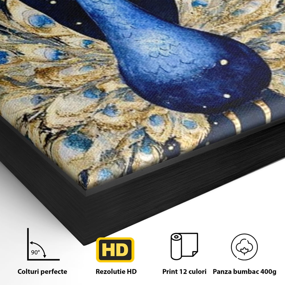 Tablou Canvas cu Paun Albastru pe Fundal Nocturn, Albastru Intens si Auriu, M1403