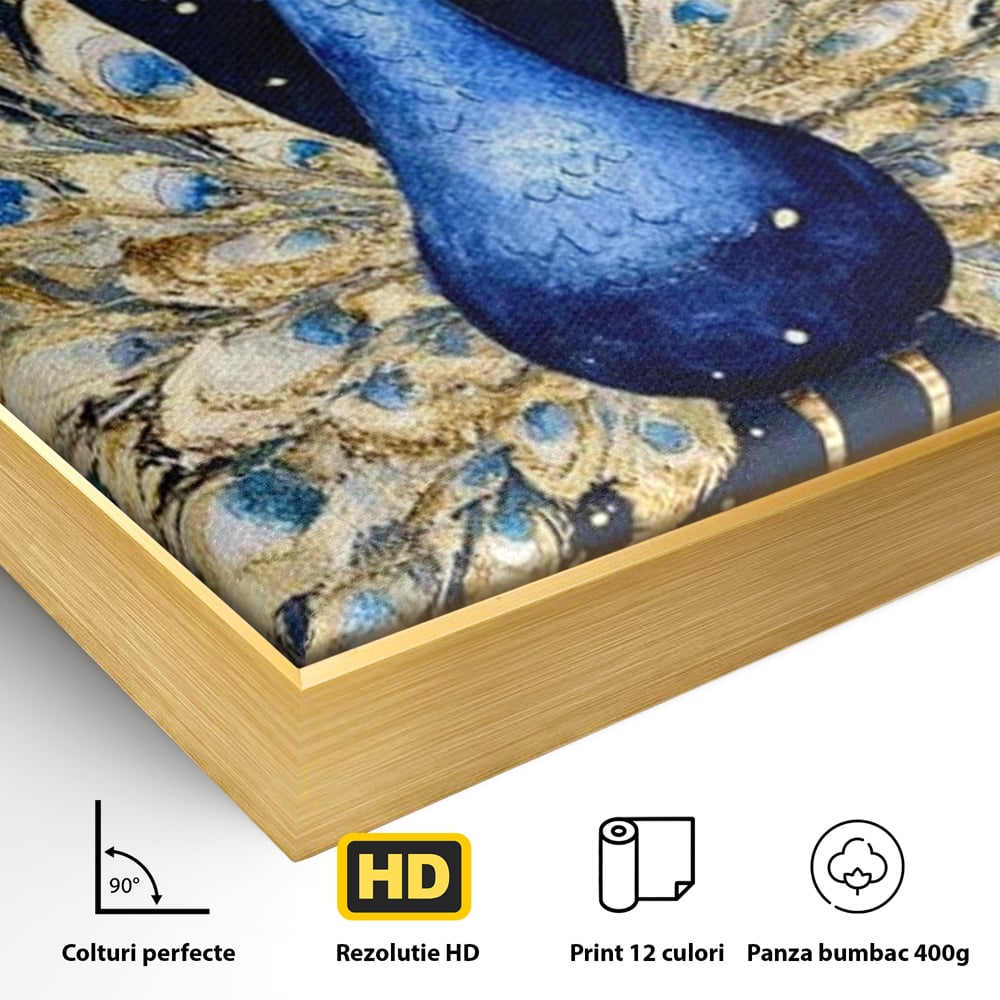 Tablou Canvas cu Paun Albastru pe Fundal Nocturn, Albastru Intens si Auriu, M1403