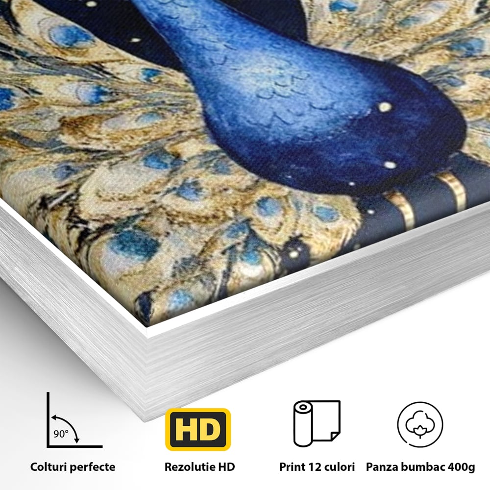 Tablou Canvas cu Paun Albastru pe Fundal Nocturn, Albastru Intens si Auriu, M1403