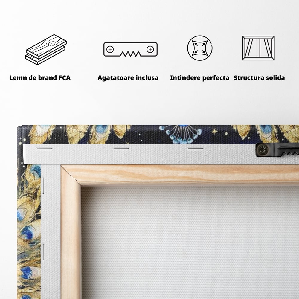 Tablou Canvas cu Paun Albastru pe Fundal Nocturn, Albastru Intens si Auriu, M1403