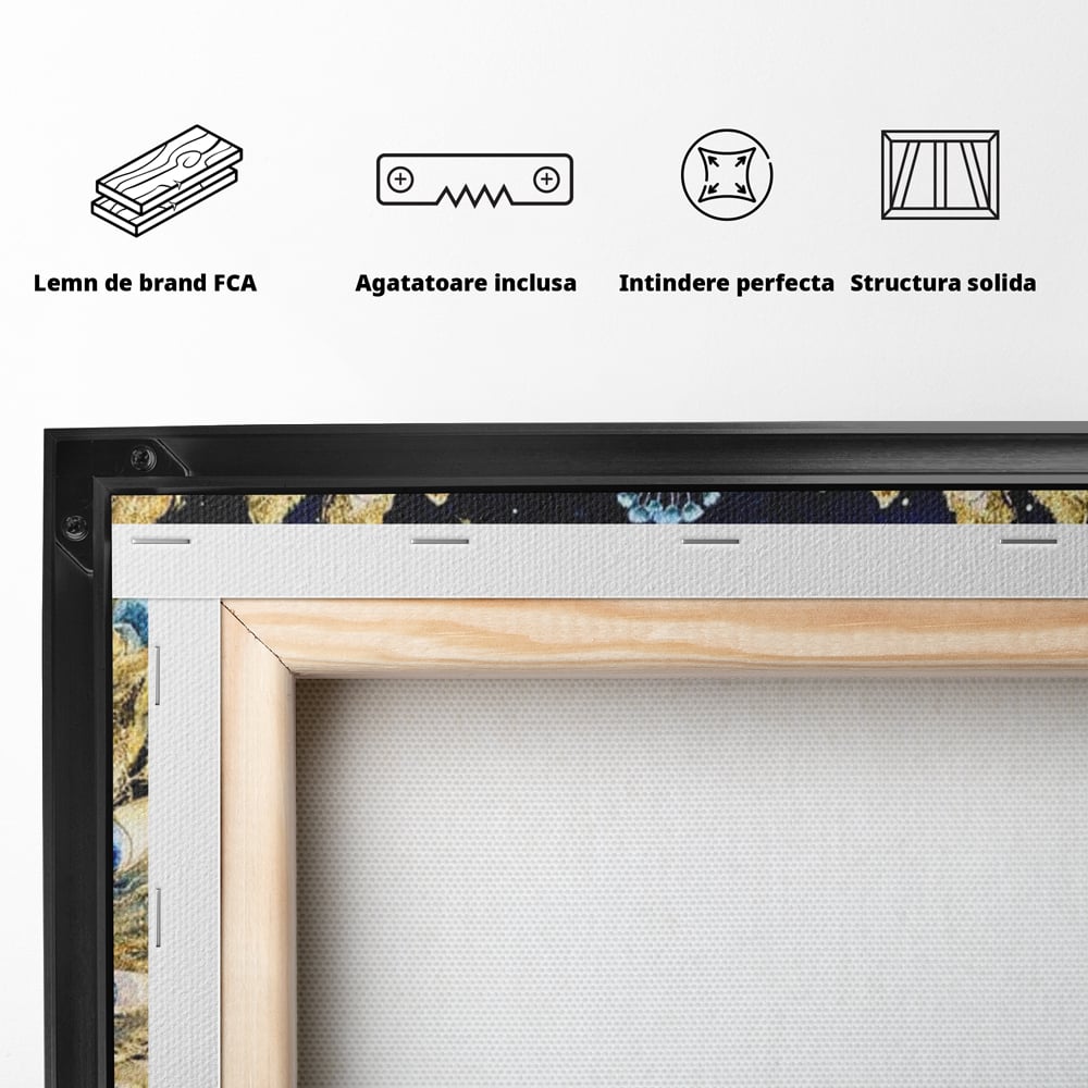 Tablou Canvas cu Paun Albastru pe Fundal Nocturn, Albastru Intens si Auriu, M1403