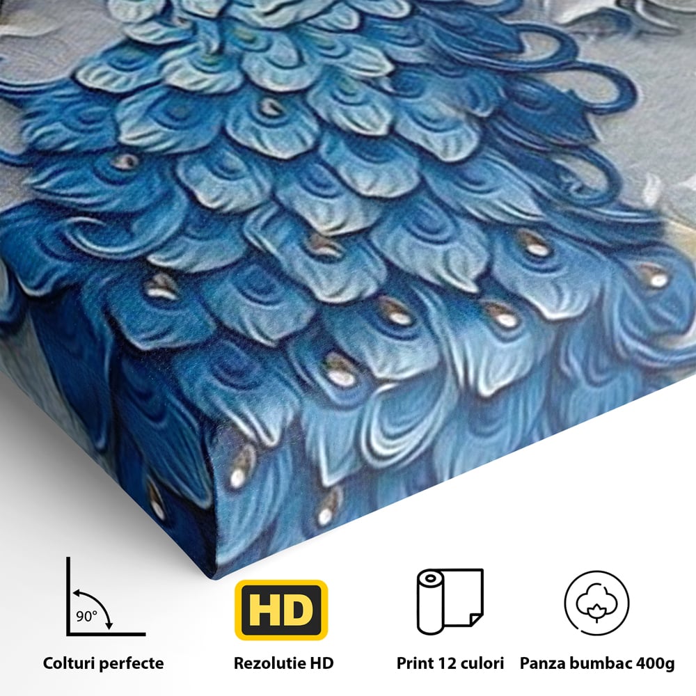 Tablou Canvas cu Paun Albastru si Flori, Albastru Cobalt si Alb Crem, M1404