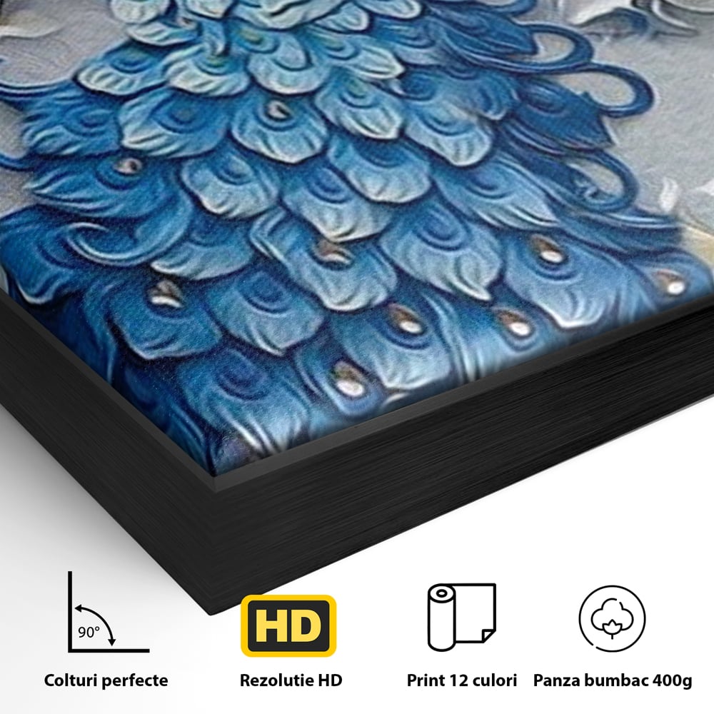 Tablou Canvas cu Paun Albastru si Flori, Albastru Cobalt si Alb Crem, M1404