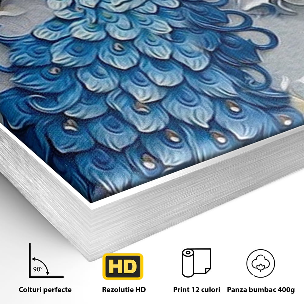 Tablou Canvas cu Paun Albastru si Flori, Albastru Cobalt si Alb Crem, M1404